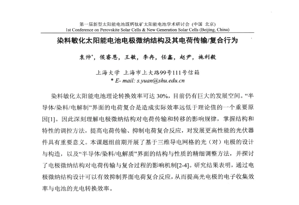 染料敏化太阳能电池电极微纳结构及其电荷传输_复合行为 - 第一届新型太阳能电池暨钙钛矿太阳能电池学术研讨会