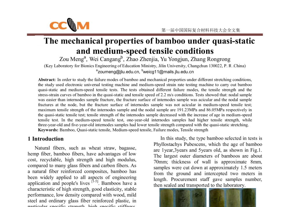 The mechanical properties of bamboo under quasi-static and medium-speed tensile conditions - 第一届中国国际复合材料科技大会