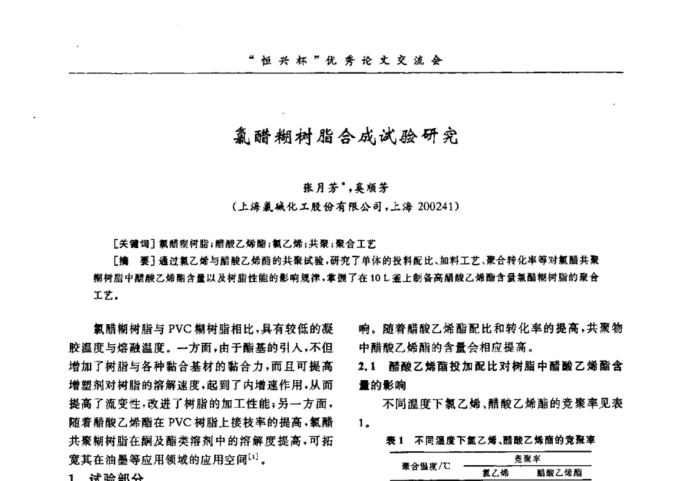 氯醋糊树脂合成试验研究 - 第35届全国聚氯乙烯行业技术年会暨“恒兴杯”论文交流会