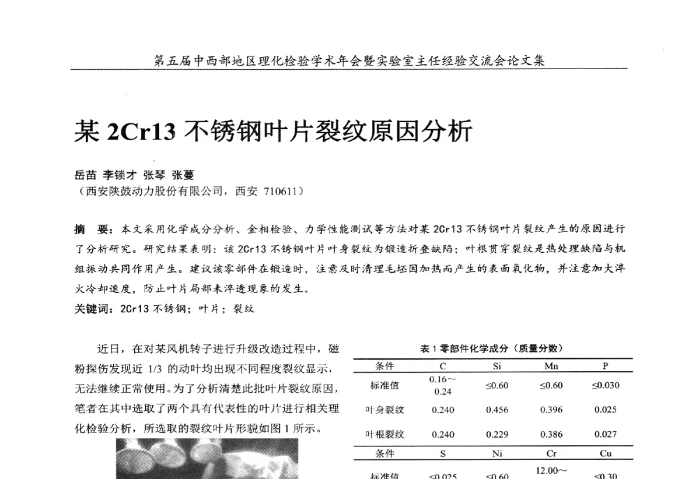某2Cr13不锈钢叶片裂纹原因分析 - 第五届中西部地区理化检验学术年会暨实验室主任经验交流会