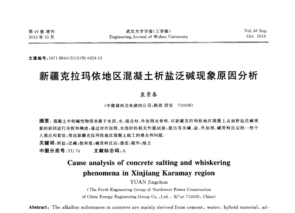 新疆克拉玛依地区混凝土析盐泛碱现象原因分析 - 中国电机工程学会电力土建专业委员会2013年“新能源、新技术、创新发展”学术交流会