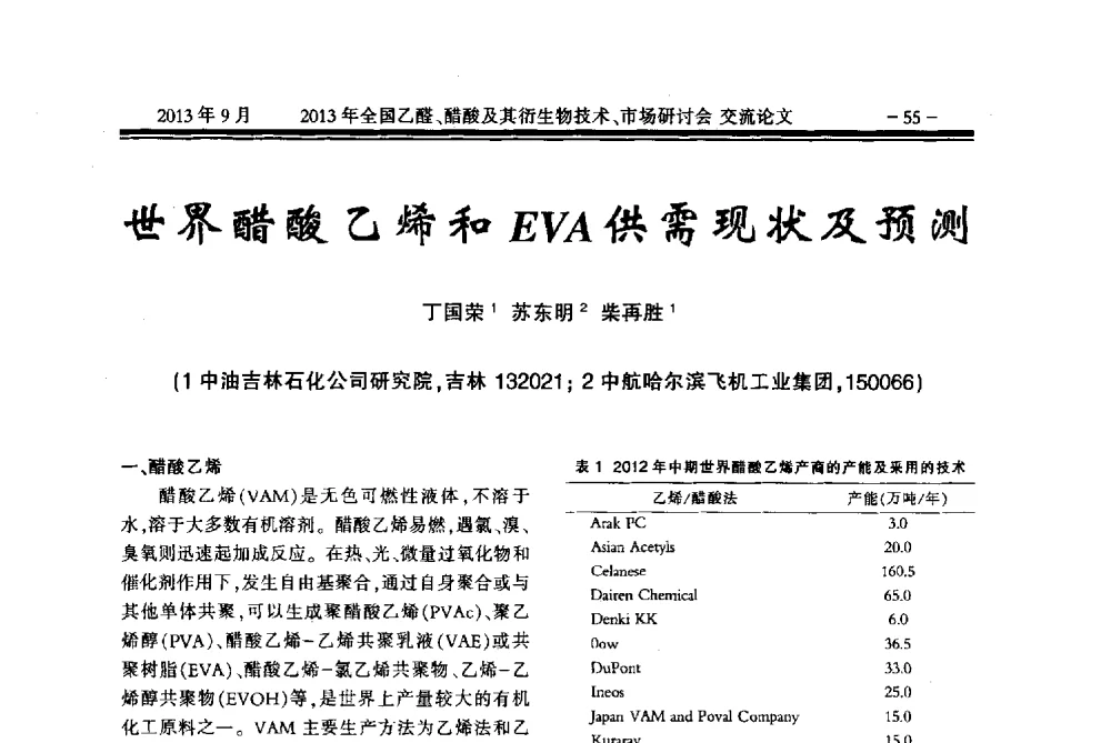 世界醋酸乙烯和EVA供需现状及预测 - 2013乙醛醋酸及其衍生物技术、市场研讨会