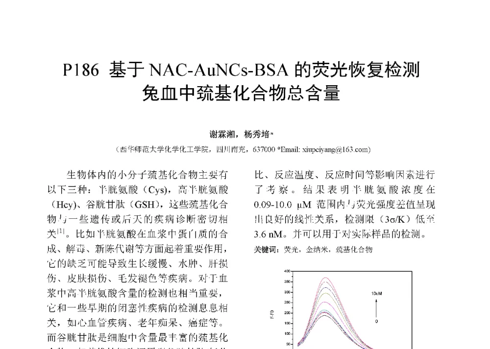 基于NAC-AuNCs-BSA的荧光恢复检测血中巯基化合物总含量 - 第十二届全国化学传感器学术会议