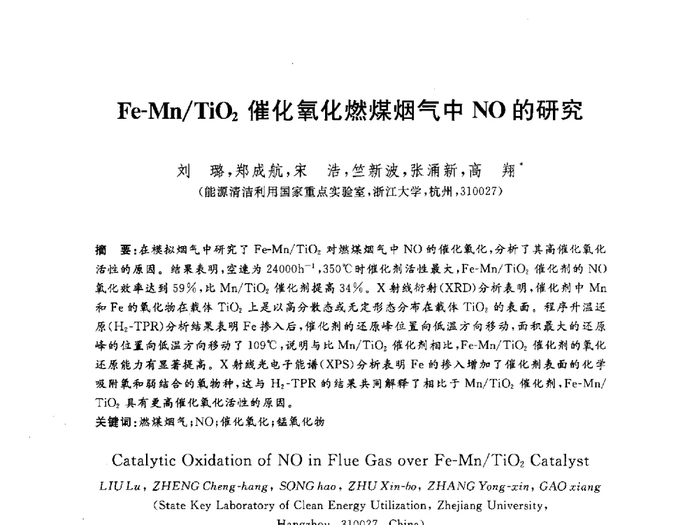 Fe-Mn_TiO2催化氧化燃煤烟气中NO的研究 - 2012动力工程青年学术论坛(中国动力工程学会动力工程青年学术论坛暨第五届青年学术年会)