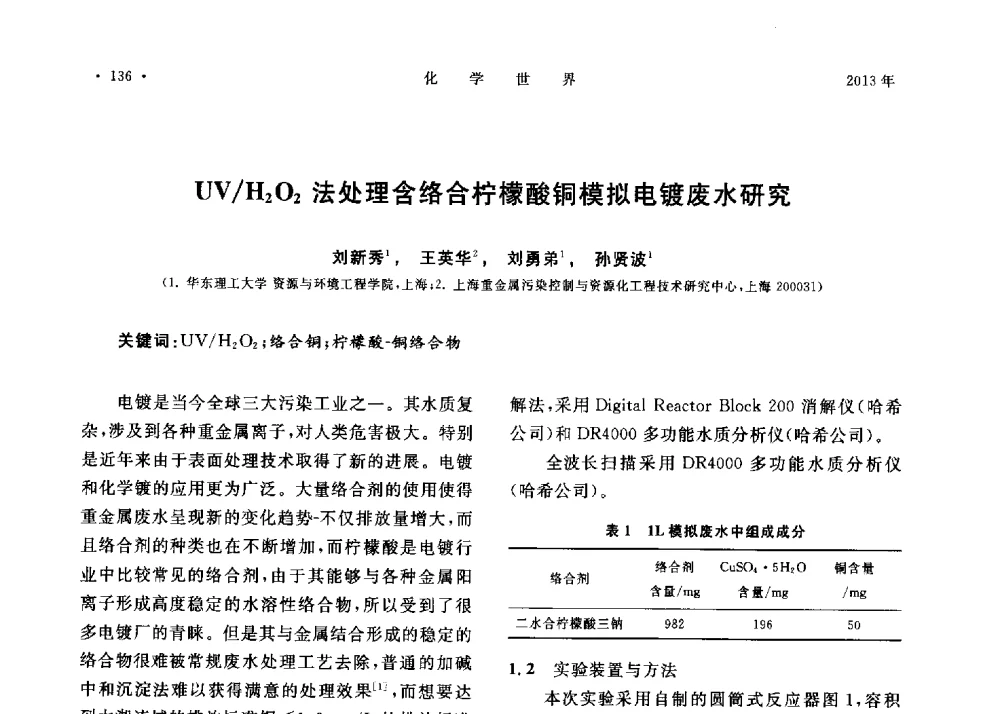 UV_H2O2法处理含络合柠檬酸铜模拟电镀废水研究 - 上海市化学化工学会2013年度学术年会