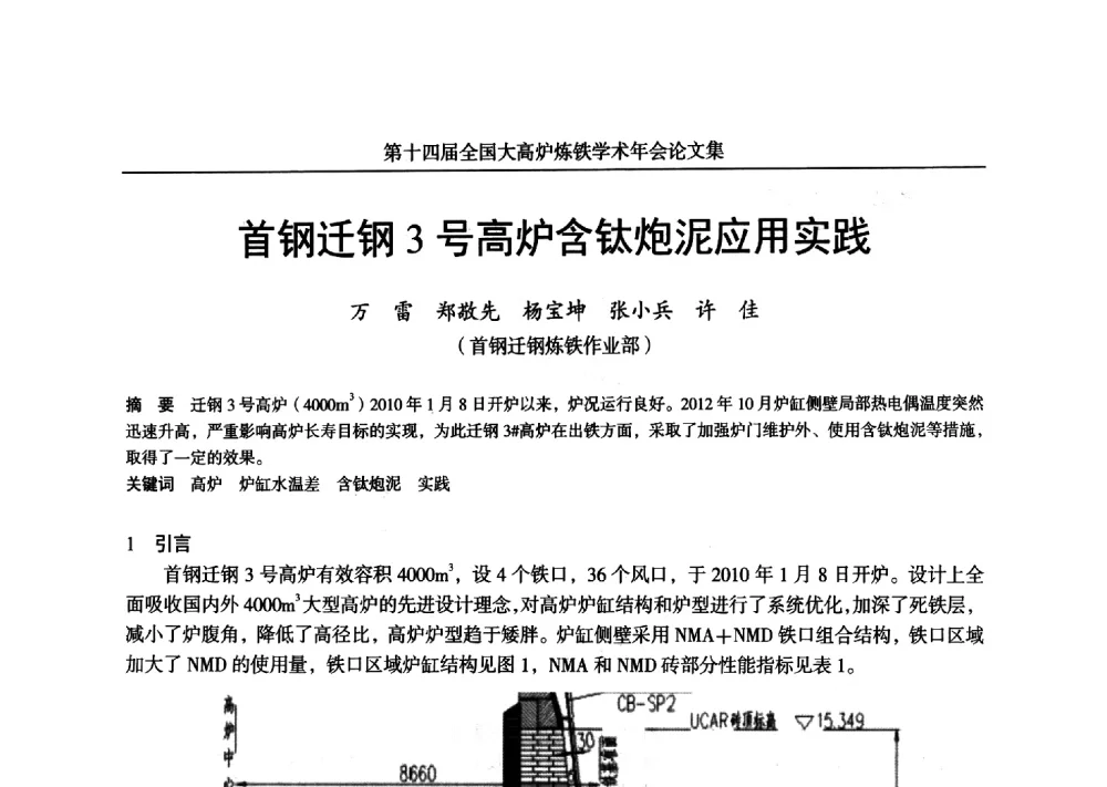 首钢迁钢3号高炉含钛炮泥应用实践 - 第十四届全国大高炉炼铁学术年会