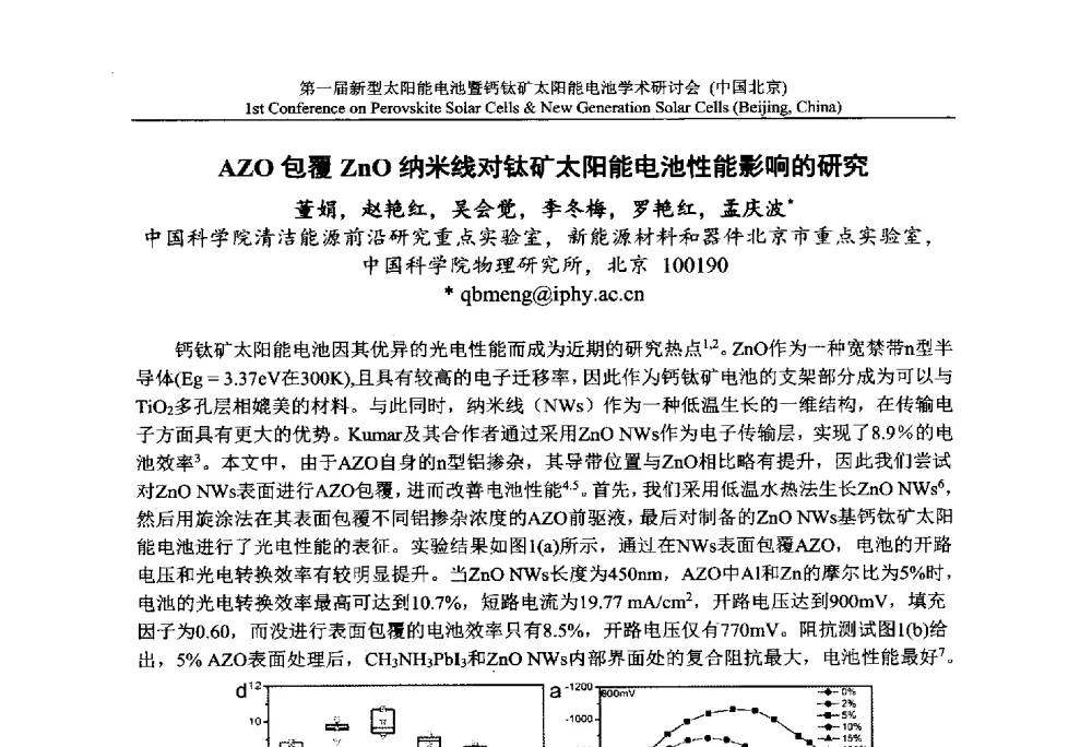 AZO包覆ZnO纳米线对钛矿太阳能电池性能影响的研究 - 第一届新型太阳能电池暨钙钛矿太阳能电池学术研讨会
