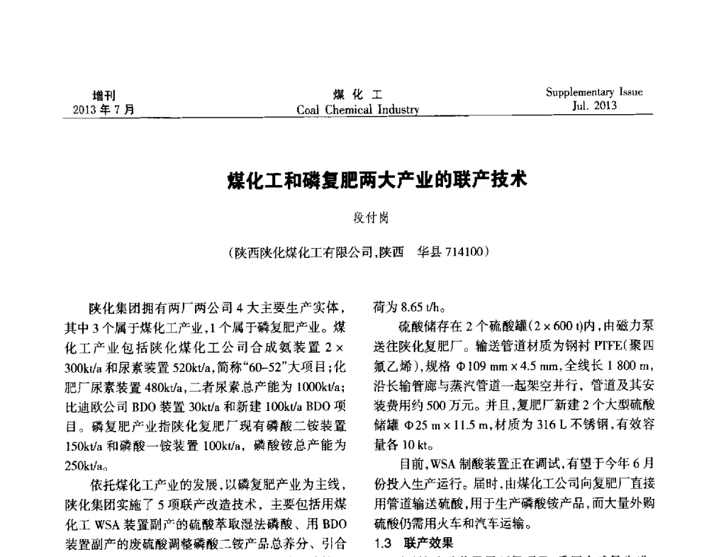 煤化工和磷复肥两大产业的联产技术 - 2013’中国煤化工技术、市场、信息交流会暨“十二五”产业发展研讨会