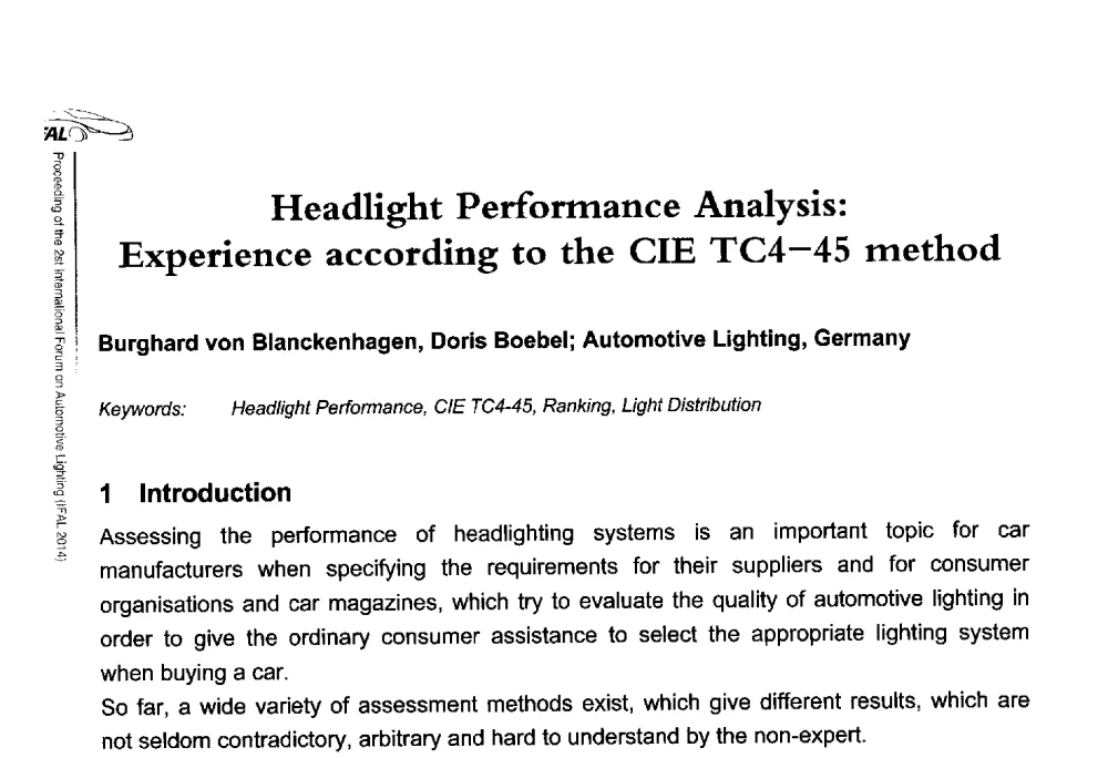Headlight Performance Analysis_Experience according to the CIE TC4-45 method - The 2nd International Forum on Automotive Lighting_2nd IFAL(第二届中国国际汽车照明论坛(2014))