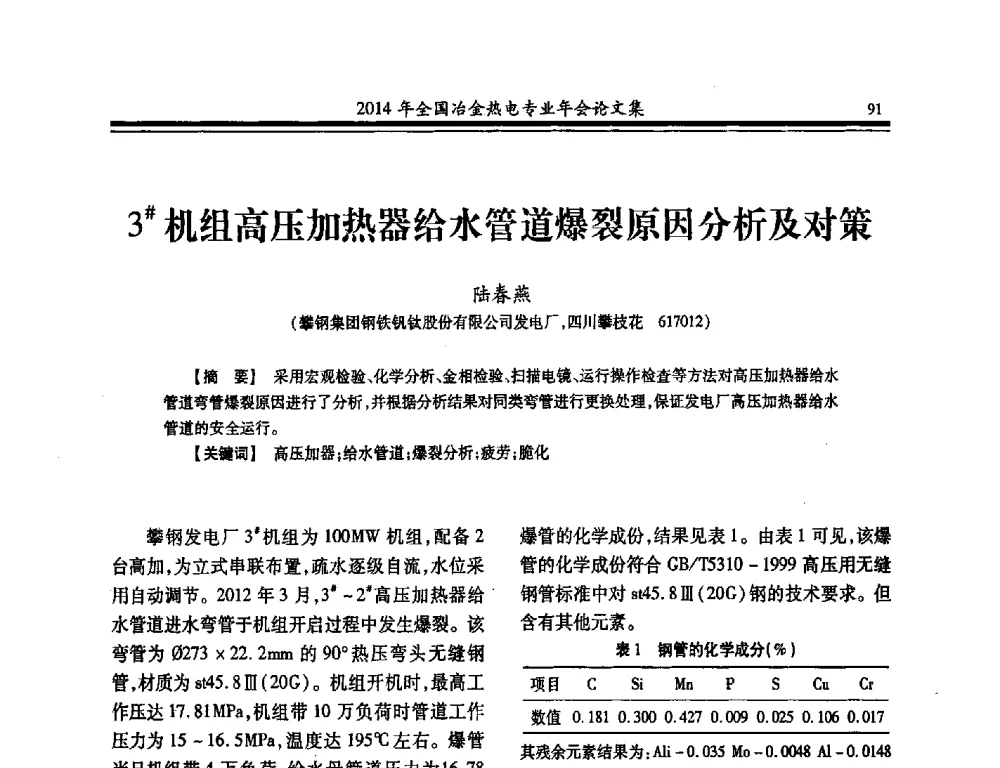 3#机组高压加热器给水管道爆裂原因分析及对策 - 2014年全国冶金企业热电专业年会
