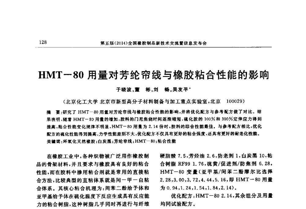 HMT-80用量对芳纶帘线与橡胶粘合性能的影响 - “上海西玛伟力”杯第五届(2014)全国橡胶制品新技术交流暨信息发布会