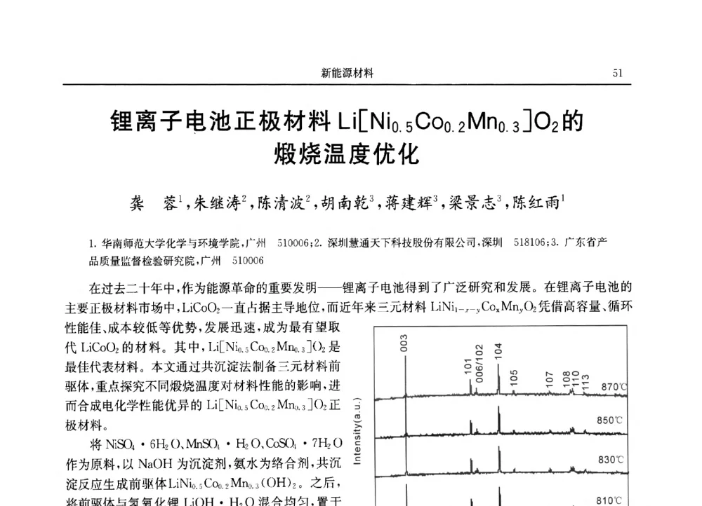 锂离子电池正极材料Li[Ni0.5Co0.2Mn0.3]O2的煅烧温度优化 - 2013广东材料发展论坛暨战略性新兴产业发展与新材料科技创新研讨会