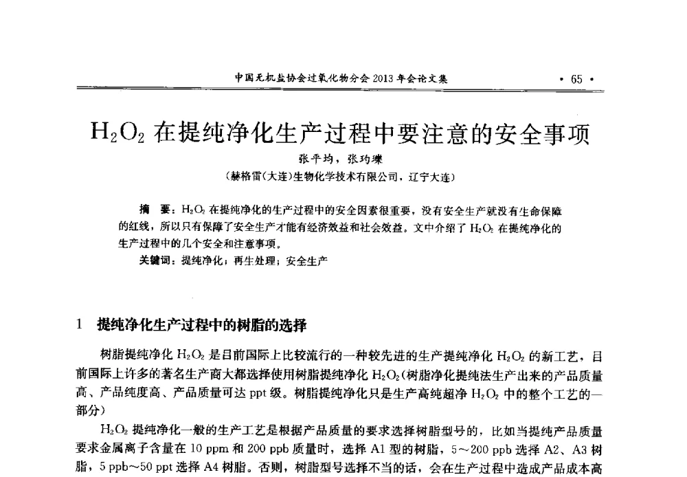 H2O2在提纯净化生产过程中要注意的安全事项 - 中国无机盐工业协会过氧化物分会2013年行业年会