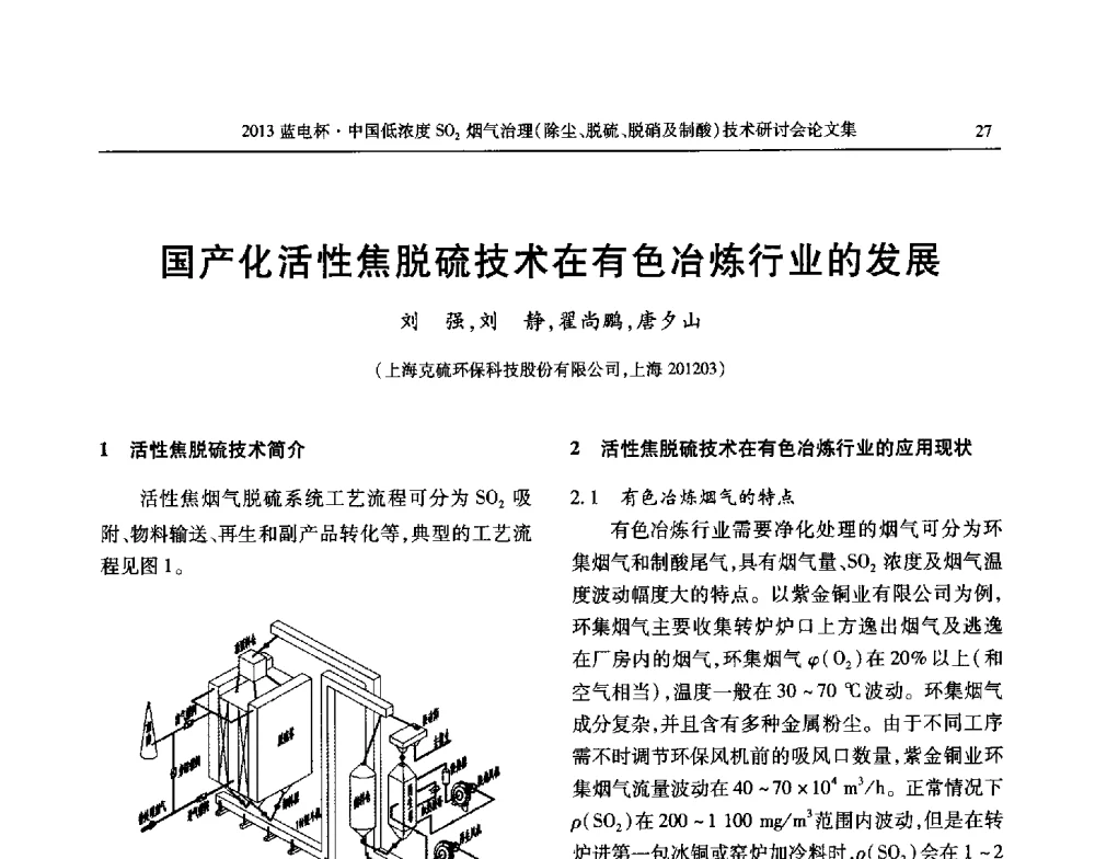 国产化活性焦脱硫技术在有色冶炼行业的发展 - 2013蓝电杯中国低浓度SO2烟气治理(除尘、脱硫、脱硝及制酸)技术研讨会