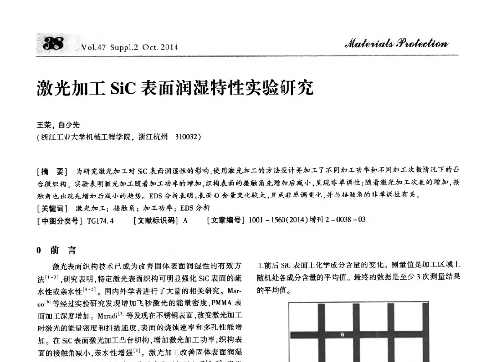 激光加工SiC表面润湿特性实验研究 - 第十届全国表面工程大会暨第六届全国青年表面工程论坛