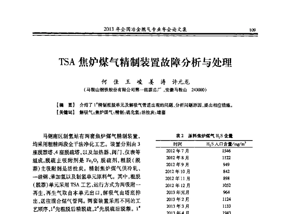 TSA焦炉煤气精制装置故障分析与处理 - 2013年全国冶金燃气专业年会