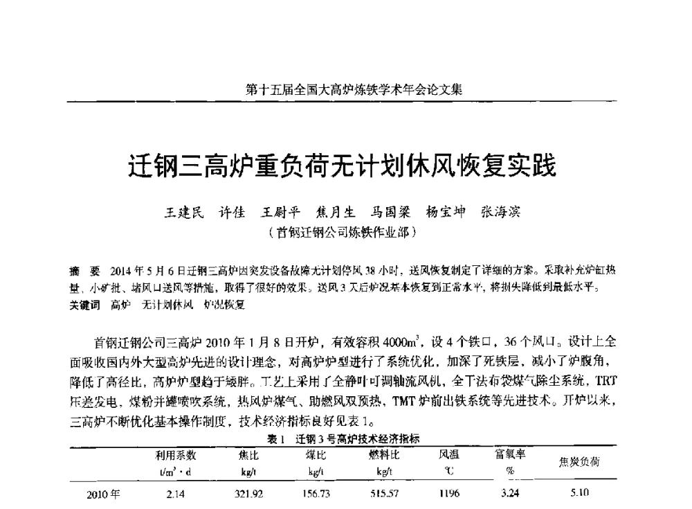 迁钢三高炉重负荷无计划休风恢复实践 - 第十五届全国大高炉炼铁学术年会