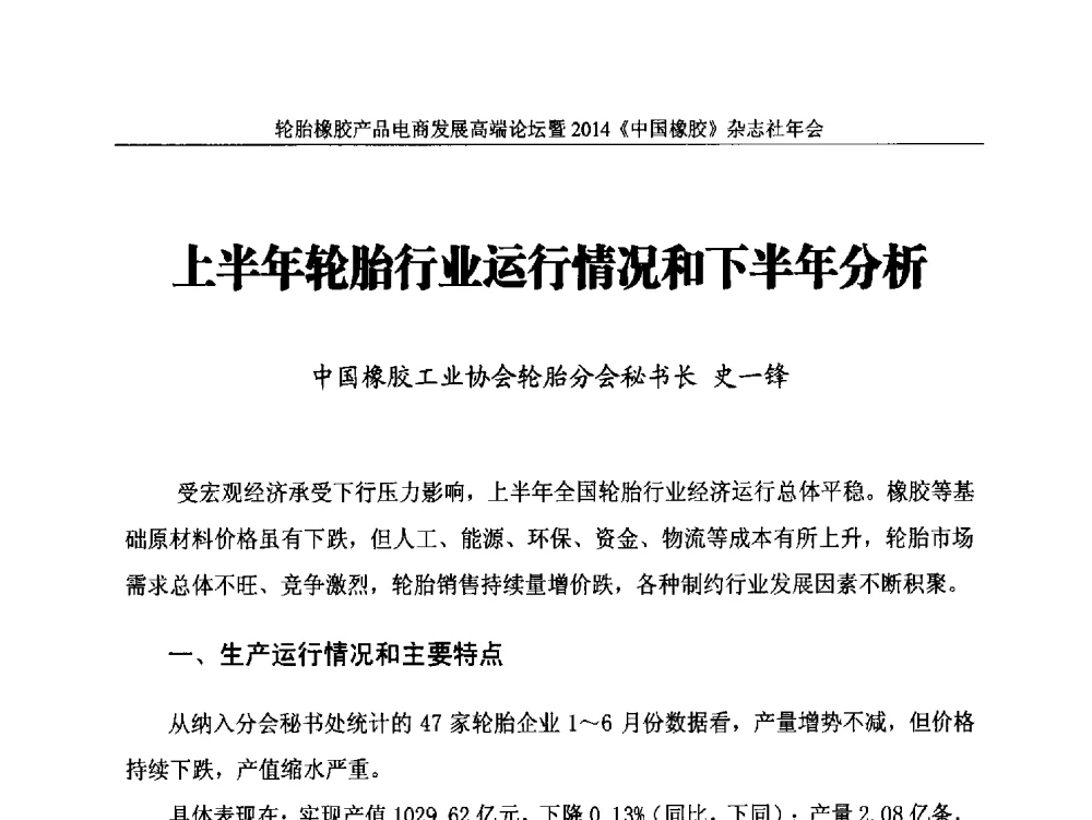 上半年轮胎行业运行情况和下半年分析 - 轮胎橡胶产品电商发展高端论坛暨2014《中国橡胶》杂志社年会