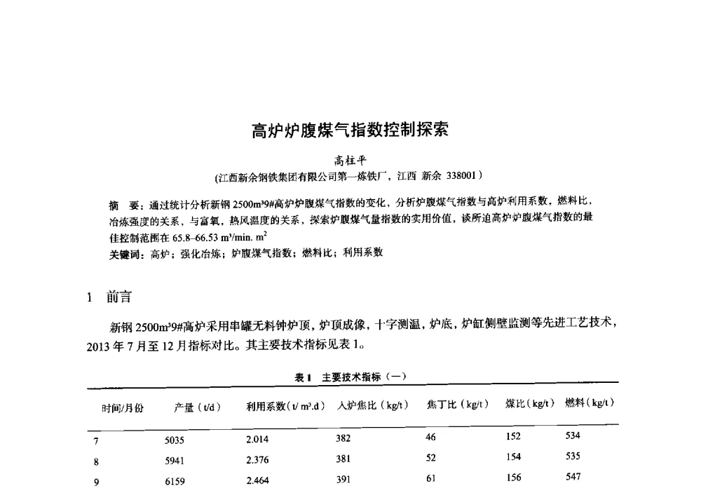 高炉炉腹煤气指数控制探索 - 2014年全国炼铁生产技术会暨炼铁学术年会
