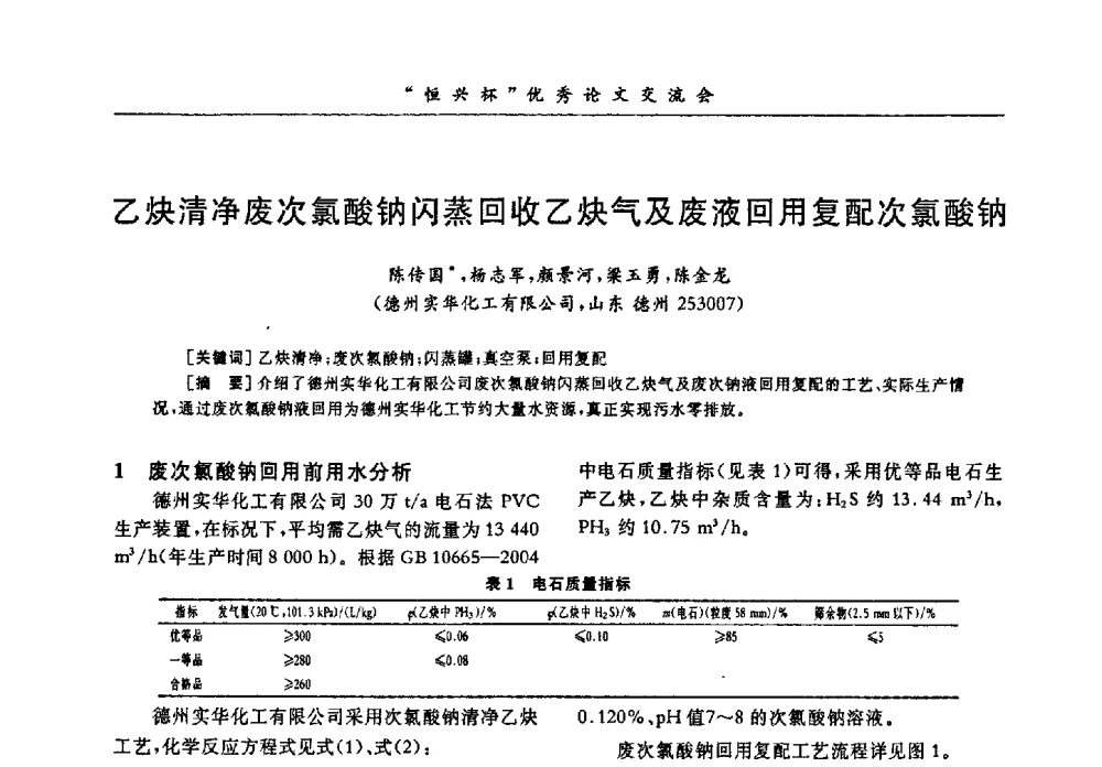 乙炔清净废次氯酸钠闪蒸回收乙炔气及废液回用复配次氯酸钠 - 第35届全国聚氯乙烯行业技术年会暨“恒兴杯”论文交流会