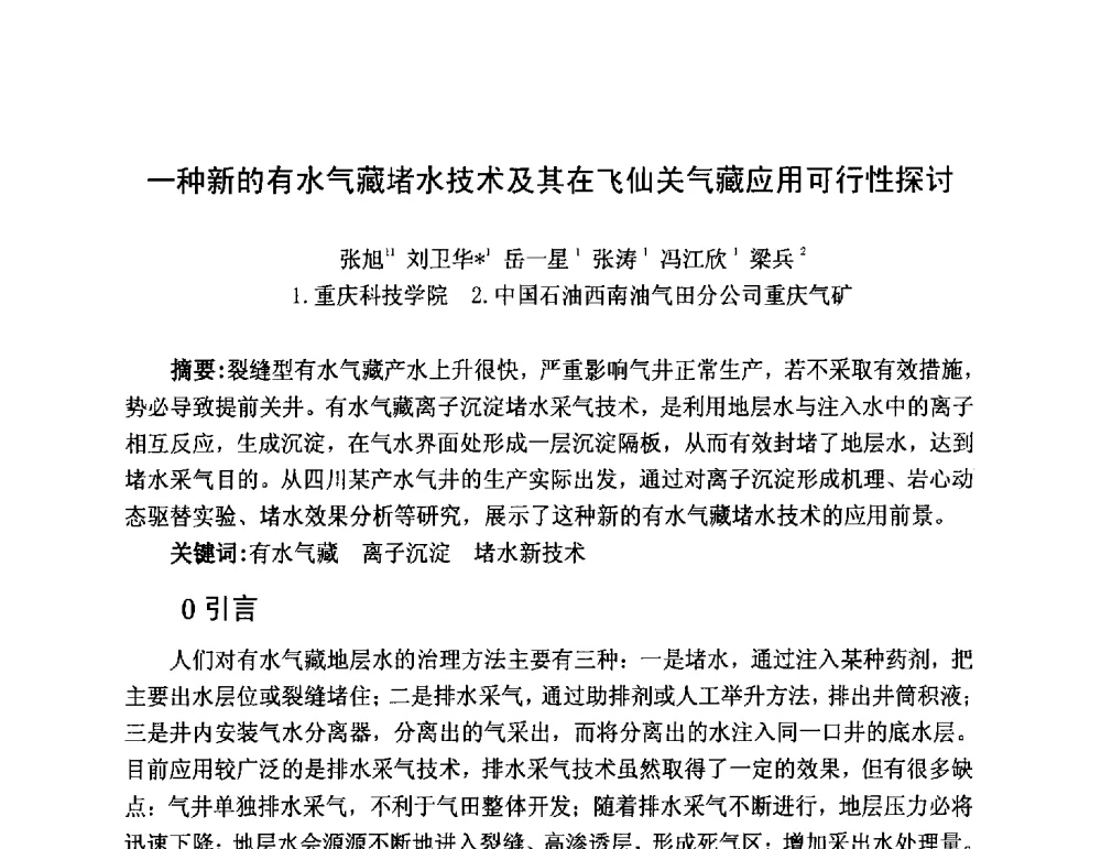 一种新的有水气藏堵水技术及其在飞仙关气藏应用可行性探讨 - 第三届全国特殊气藏开发技术研讨会