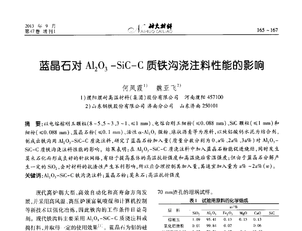 蓝晶石对Al2O3-SiC-C质铁沟浇注料性能的影响 - 2013耐火材料综合学术会议、第十二届全国不定形耐火材料学术会议、2013耐火原料学术交流会