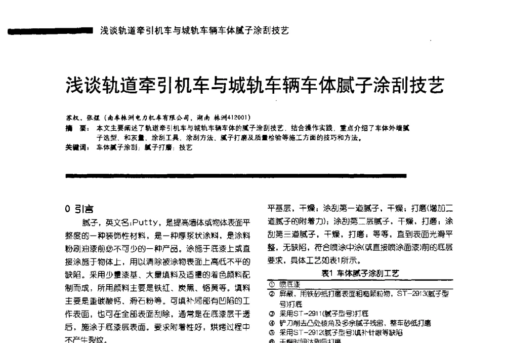 浅谈轨道牵引机车与城轨车辆车体腻子涂刮技艺 - 第11届车用涂料与涂装技术研讨会暨2013汽车涂料专委会年会