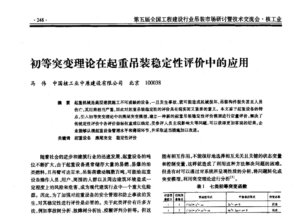 初等突变理论在起重吊装稳定性评价中的应用 - 第五届全国工程建设行业吊装市场研讨暨技术交流会