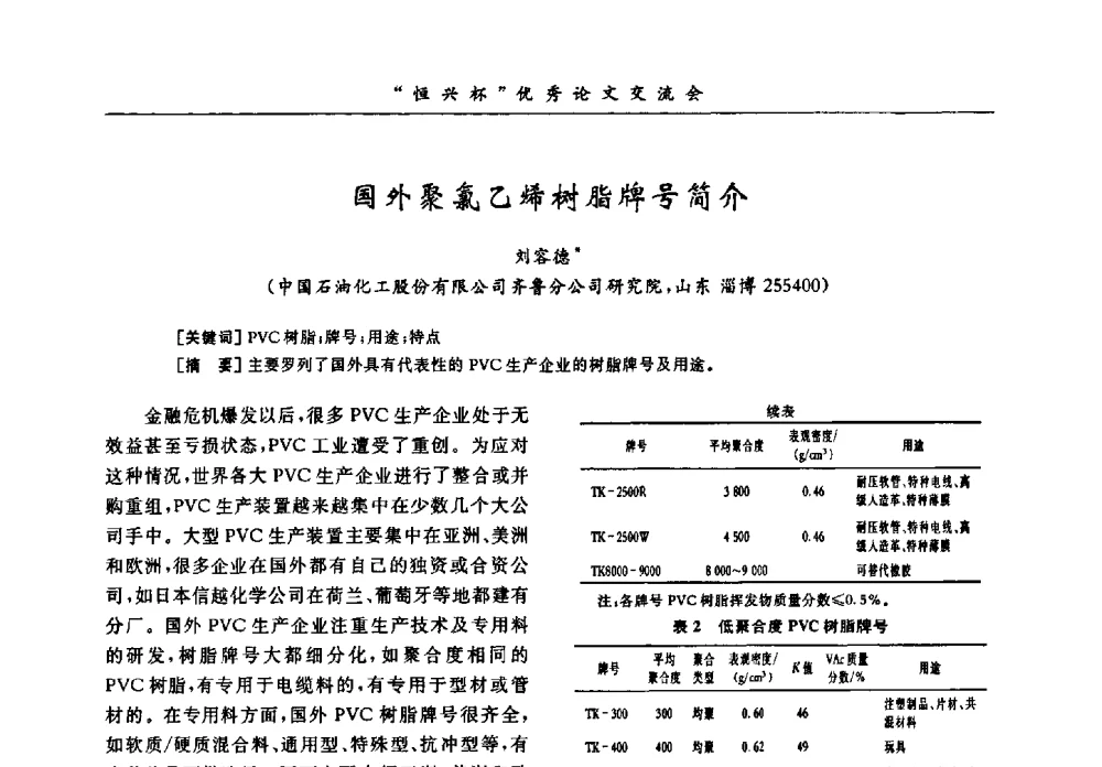 国外聚氯乙烯树脂牌号简介 - 第35届全国聚氯乙烯行业技术年会暨“恒兴杯”论文交流会