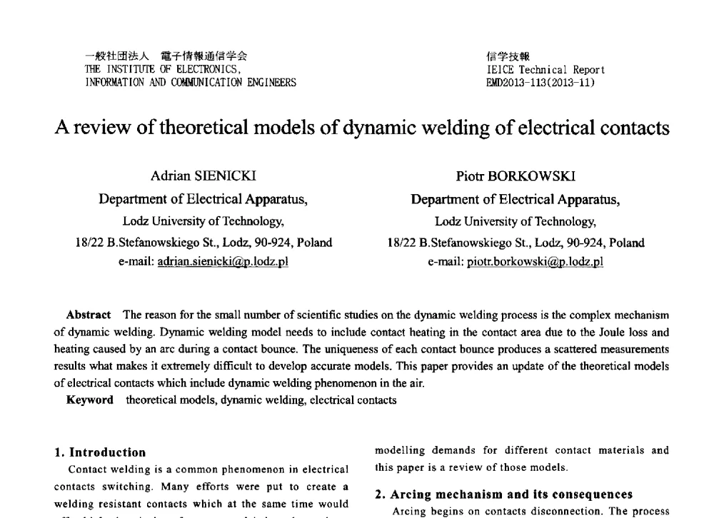 A review of theoretical models of dynamic welding of electrical contacts - 第十三届国际机电装置会议(IS-EMD2013)
