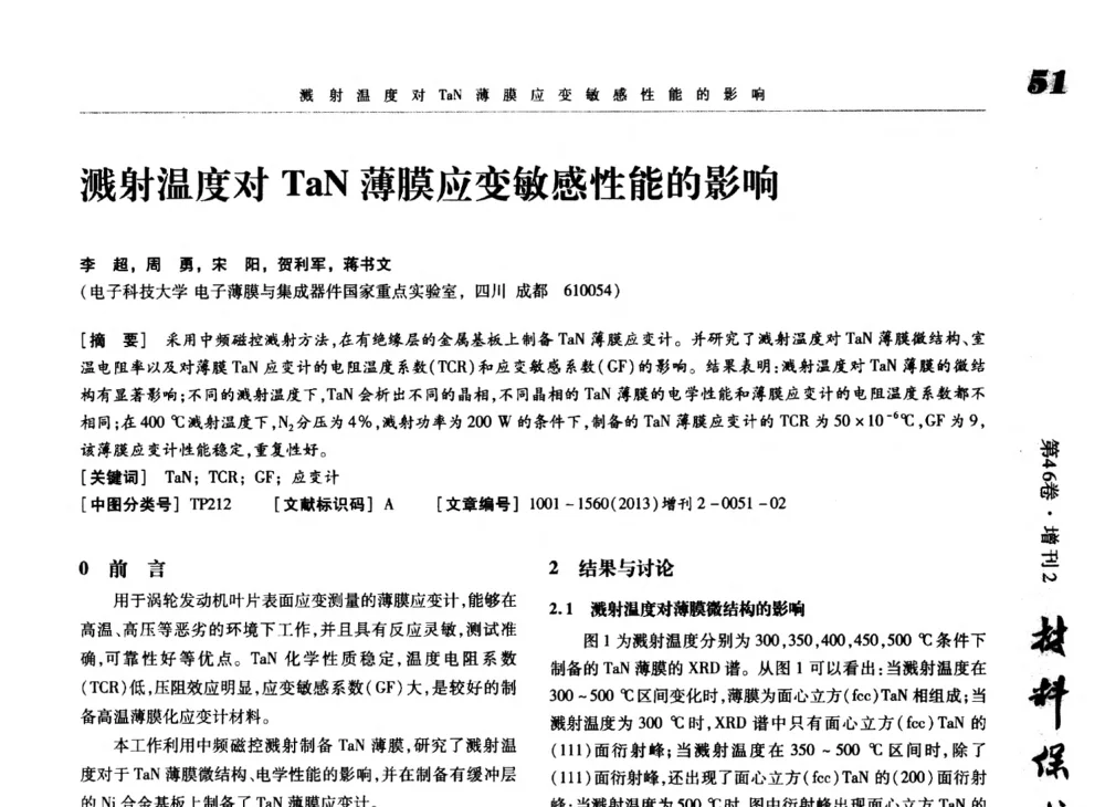 溅射温度对TaN薄膜应变敏感性能的影响 - 第八届中国功能材料及其应用学术会议