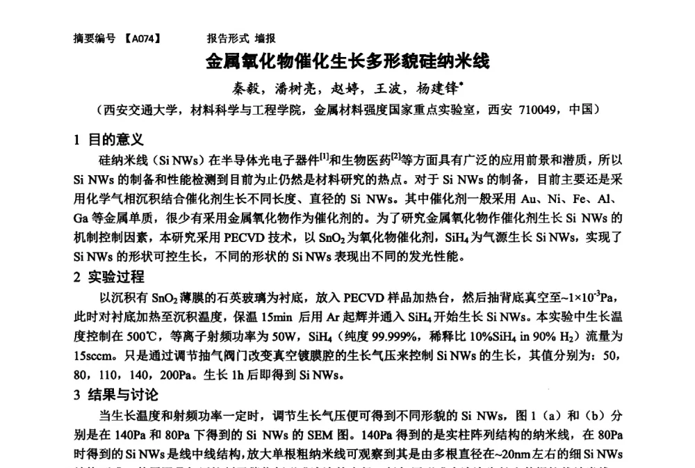 金属氧化物催化生长多形貌硅纳米线 - 第十一届全国工程陶瓷学术年会