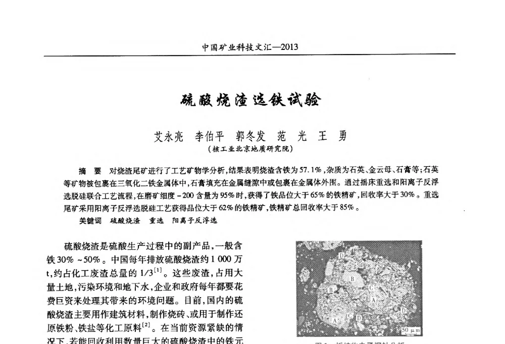 硫酸烧渣选铁试验 - 2013第四届中国矿业科技大会