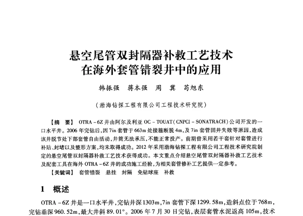 悬空尾管双封隔器补救工艺技术在海外套管错裂井中的应用 - 2013年度钻井技术研讨会暨第十三届石油钻井院(所)长会议