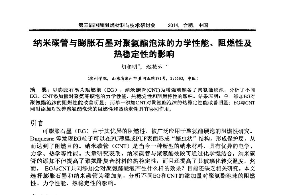 纳米碳管与膨胀石墨对聚氨酯泡沫的力学性能、阻燃性及热稳定性的影响 - 第三届国际阻燃材料与技术研讨会