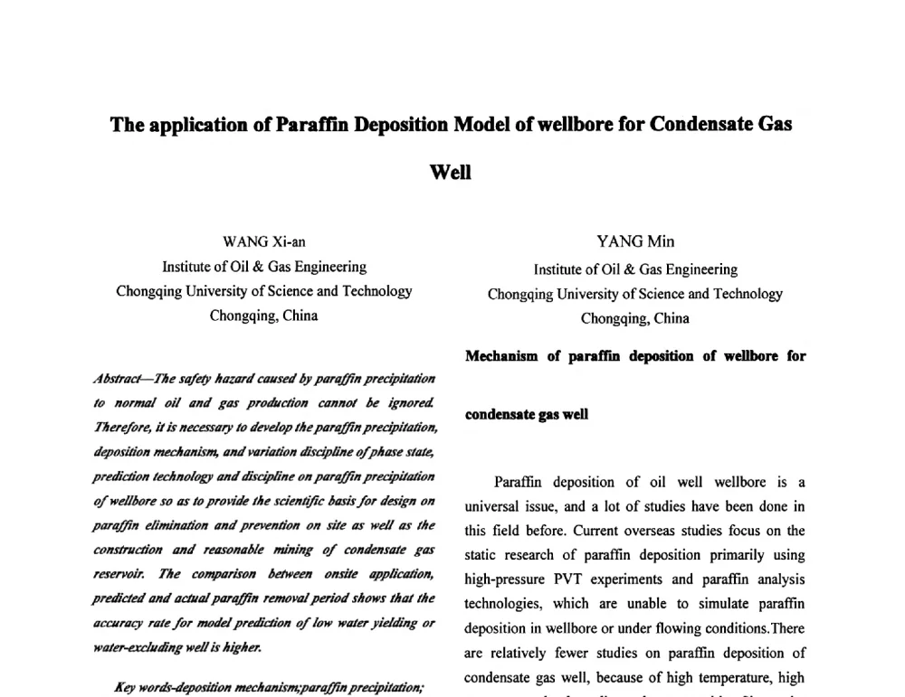 The application of Paraffin Deposition Model of wellbore for Condensate Gas Well - 2011全国特殊气藏开发技术研讨会