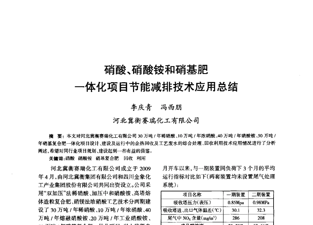 硝酸、硝酸铵和硝基肥一体化项目节能减排技术应用总结 - 第八届全国硝酸硝酸盐技术交流会