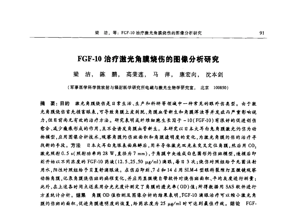 FGF-1O治疗激光角膜烧伤的图像分析研究 - 第十三届中国体视学与图像分析学术会议