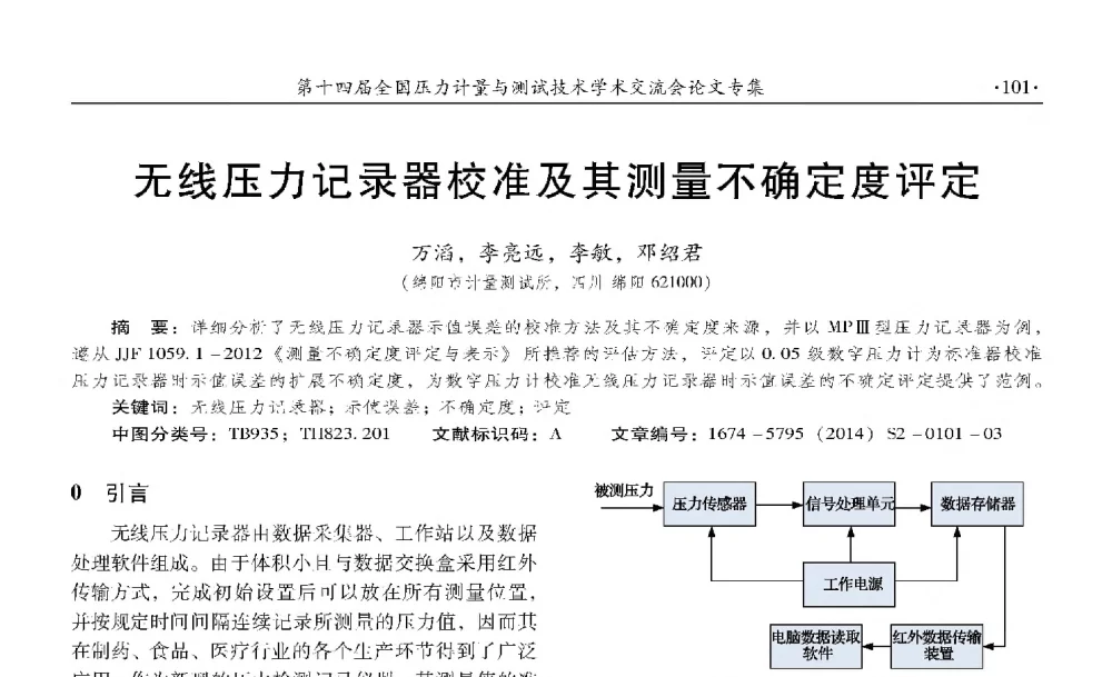无线压力记录器校准及其测量不确定 - 第十四届全国压力计量与测试技术学术交流会