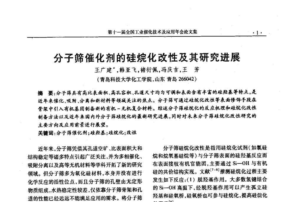 分子筛催化剂的硅烷化改性及其研究进展 - 第十一届全国工业催化技术及应用年会