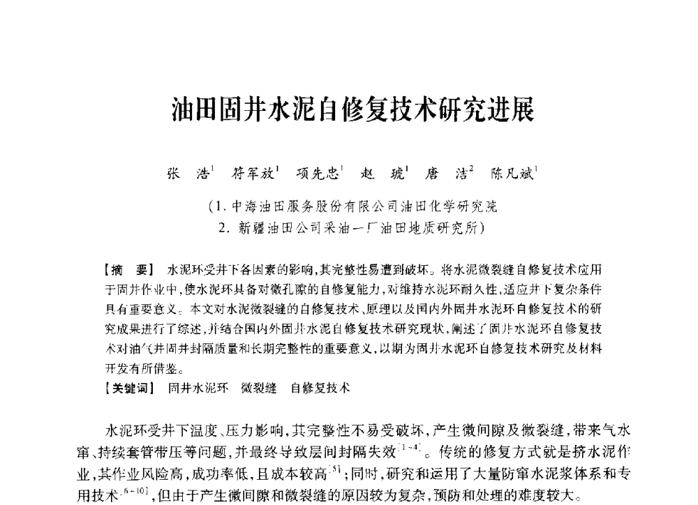 油田固井水泥自修复技术研究进展 - 中国石油学会2014年固井技术研讨会