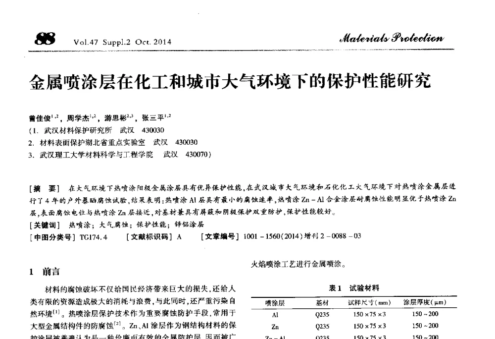 金属喷涂层在化工和城市大气环境下的保护性能研究 - 2014全国(宁波)防锈润滑包装学术研讨会