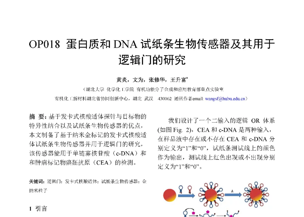 蛋白质和DNA试纸条生物传感器及其用于逻辑门的研究 - 第十二届全国化学传感器学术会议