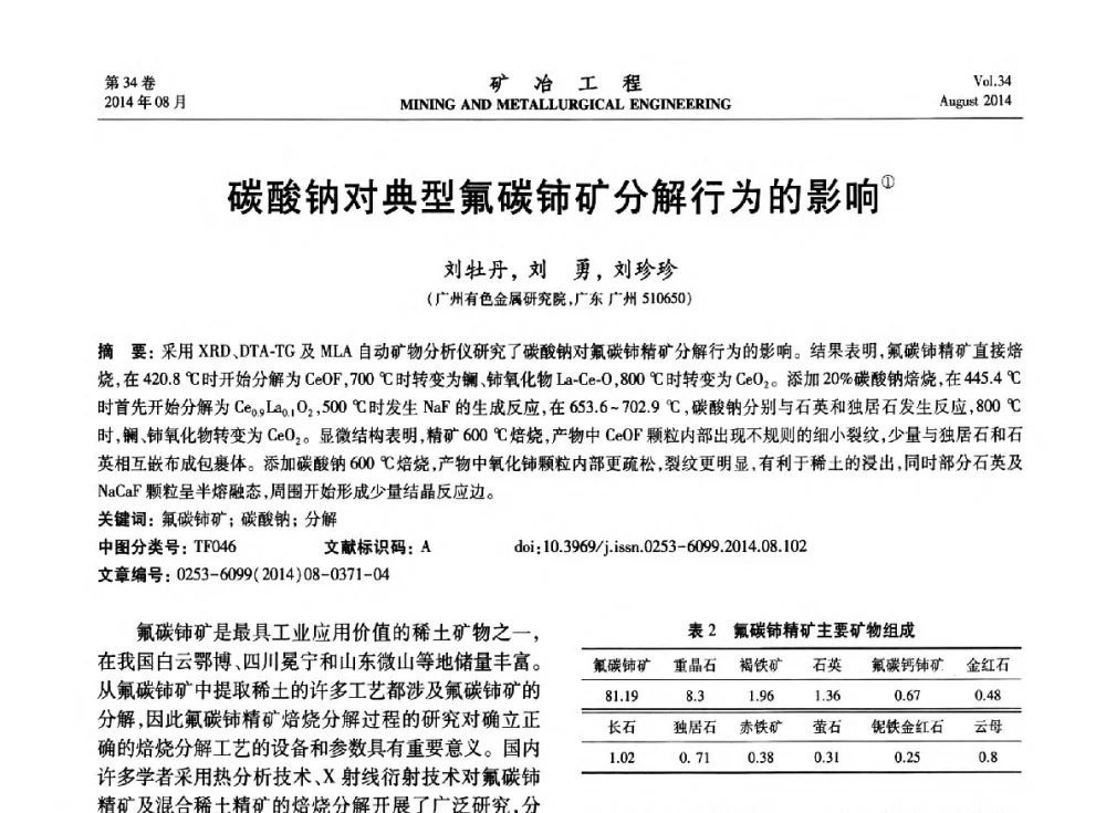 碳酸钠对典型氟碳铈矿分解行为的影响 - 第七届全国选矿专业学术年会