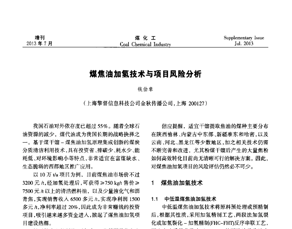 煤焦油加氢技术与项目风险分析 - 2013’中国煤化工技术、市场、信息交流会暨“十二五”产业发展研讨会