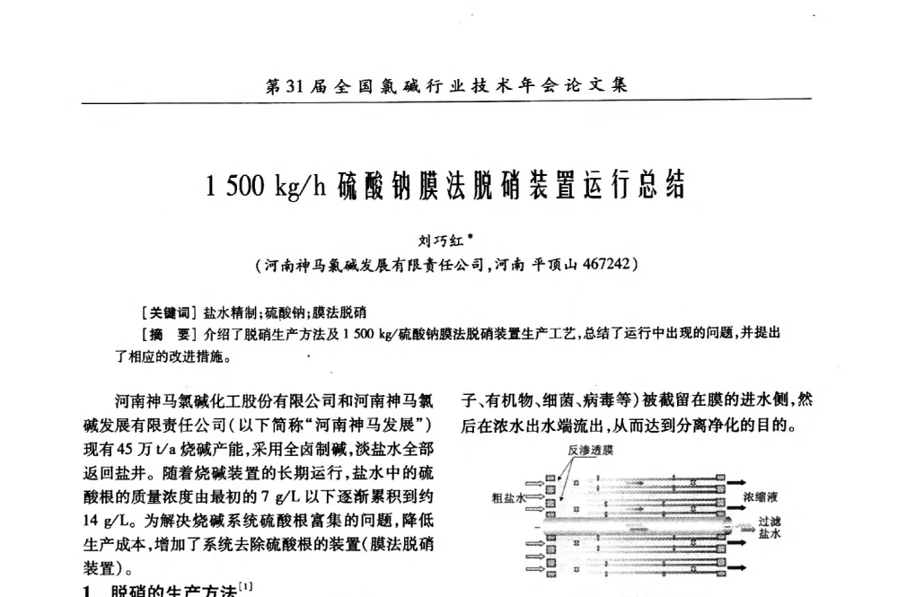 1500 kg_h硫酸钠膜法脱硝装置运行总结 - 第31届全国氯碱行业技术年会暨第14届“佑利杯”论文交流会