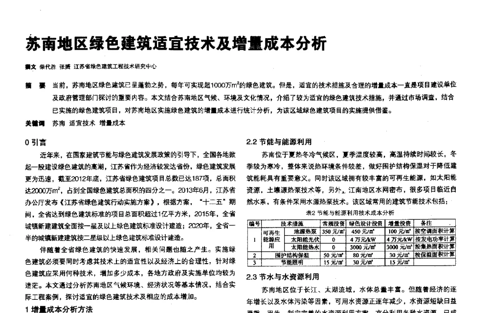 苏南地区绿色建筑适宜技术及增量成本分析 - 第三届夏热冬冷地区绿色建筑联盟会议