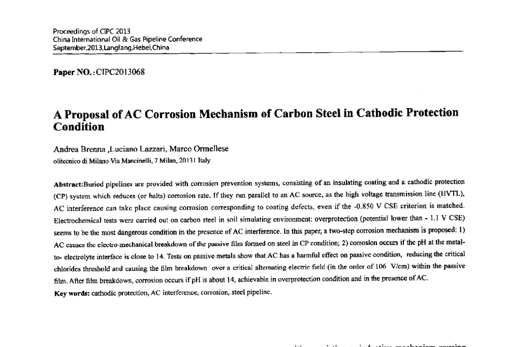 A Proposal of AC Corrosion Mechanism of Carbon Steel in Cathodic Protection Condition - 2013中国国际管道会议暨第一届中国管道与储罐腐蚀与防护学术交流会