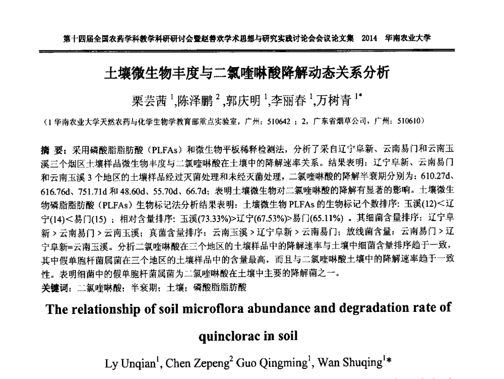 土壤微生物丰度与二氯喹啉酸降解动态关系分析 - 第十四届全国农药学科教育科研研讨会暨赵善欢学术思想与研究实践讨论会