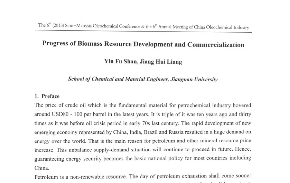 Progress of Biomass Resource Development and Commercialization - 第六届(2013)中马油脂化工研讨会暨中国油脂化工行业年会